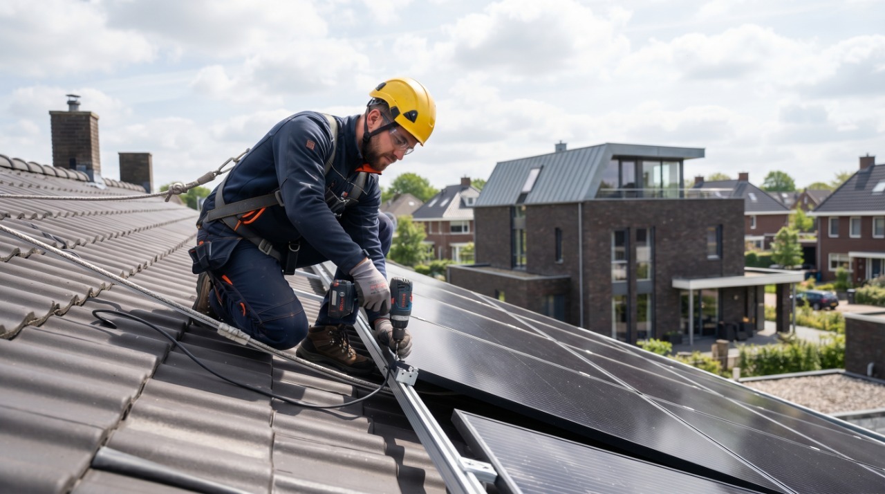 Installateur werkt op een dak terwijl AanvraagFilter een nieuwe aanvraag filtert